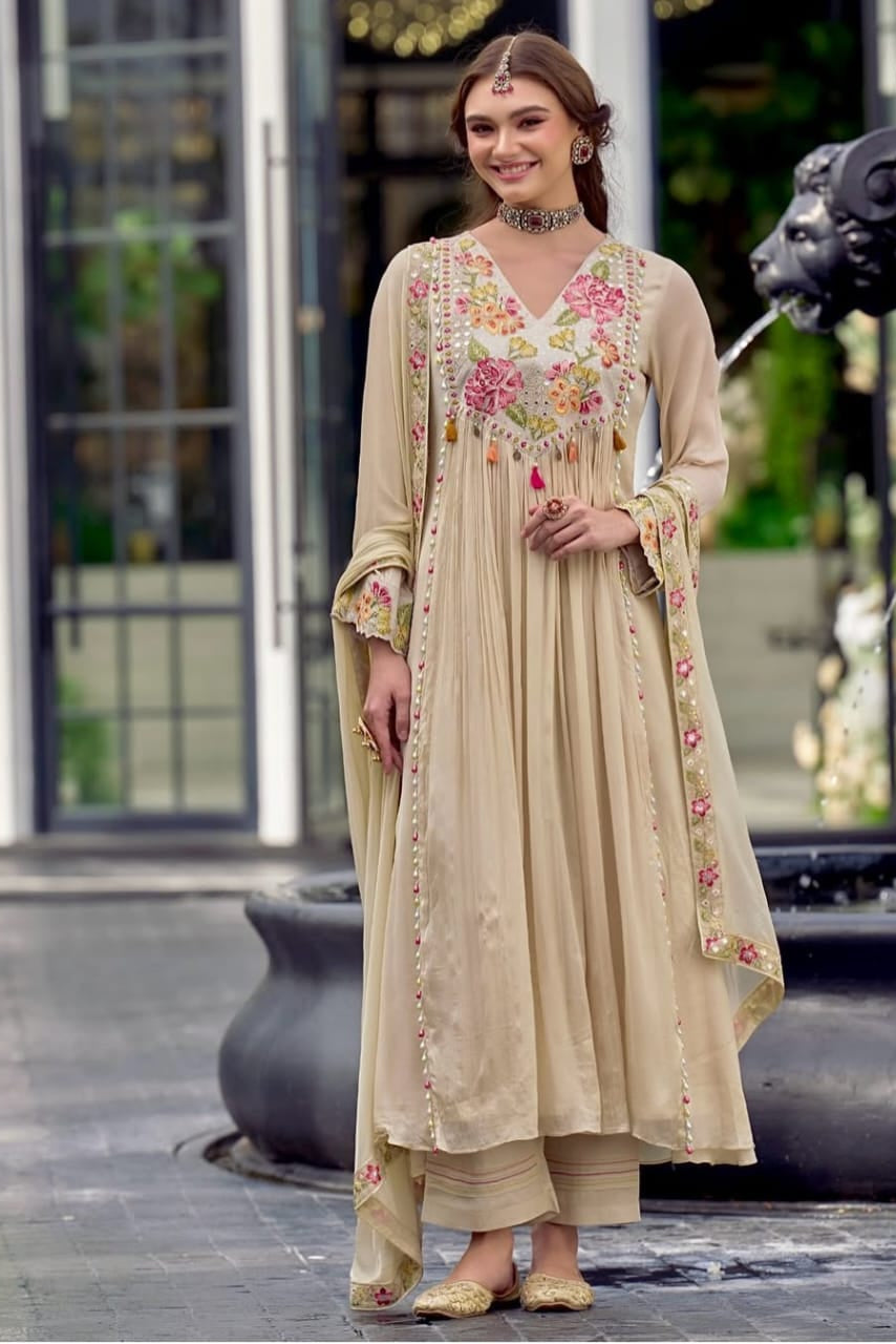 Cotton A-Line Full Flair Kurti Dupatta Set – Heavy Computer Embroidery on Yoke & Sleeves, Front View