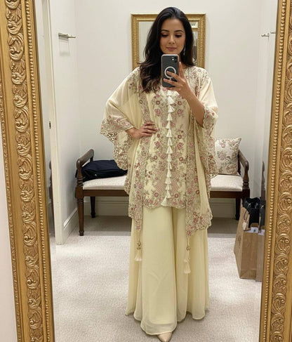 DESIGNER WEAR KURTA PLAZZO PAIR WITH SHRUGE IN SEQUENCE EMBROIDERY WORK