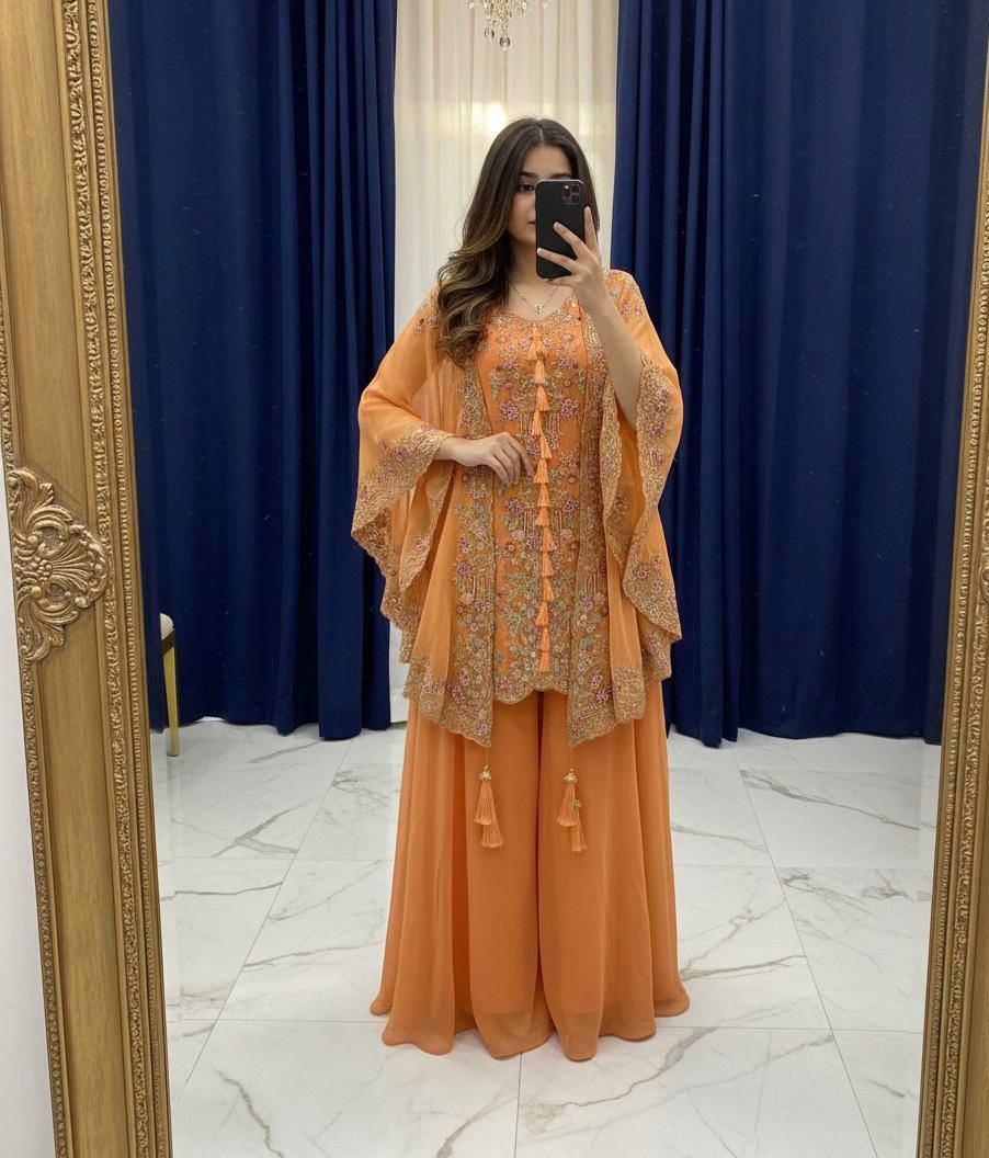 DESIGNER WEAR KURTA PLAZZO PAIR WITH SHRUGE IN SEQUENCE EMBROIDERY WORK