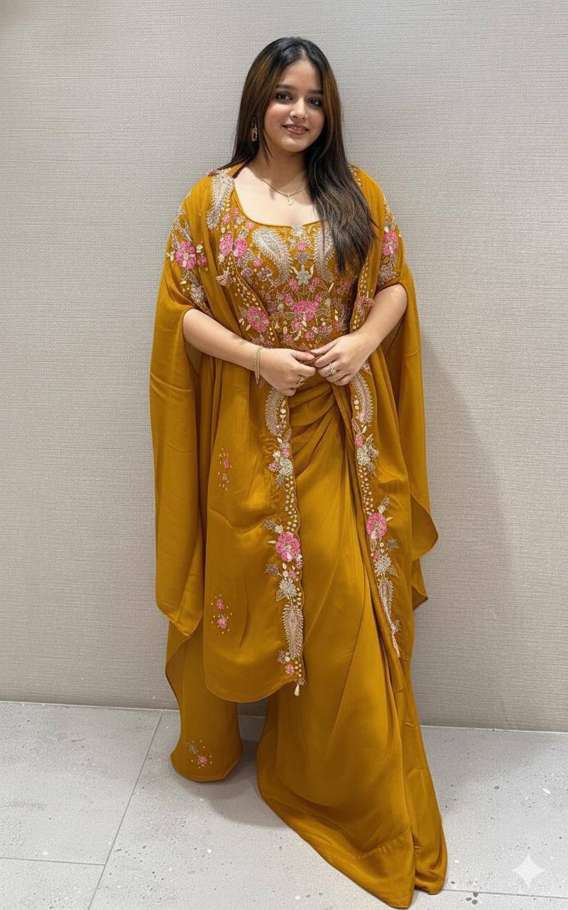 WEDDING SEASON OUR 3 PIECE INDO WESTERN SHRUG ,DHOTI AND BLOUSE WITH SEQUENCE EMBROIDERY WORK