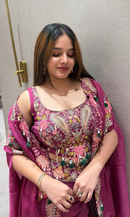 WEDDING SEASON OUR 3 PIECE INDO WESTERN SHRUG ,DHOTI AND BLOUSE WITH SEQUENCE EMBROIDERY WORK