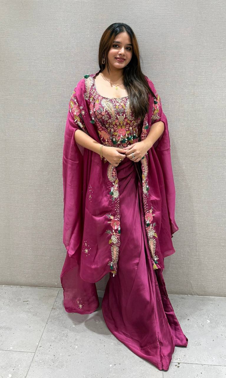 WEDDING SEASON OUR 3 PIECE INDO WESTERN SHRUG ,DHOTI AND BLOUSE WITH SEQUENCE EMBROIDERY WORK