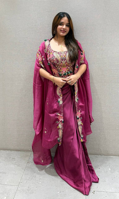 WEDDING SEASON OUR 3 PIECE INDO WESTERN SHRUG ,DHOTI AND BLOUSE WITH SEQUENCE EMBROIDERY WORK