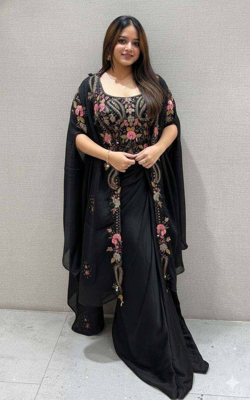 WEDDING SEASON OUR 3 PIECE INDO WESTERN SHRUG ,DHOTI AND BLOUSE WITH SEQUENCE EMBROIDERY WORK