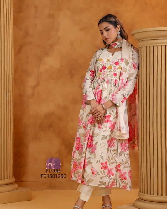  Thread Embroidered Anarkali Top Palazzo Dupatta Set | Wedding Wear | Muntahaa
