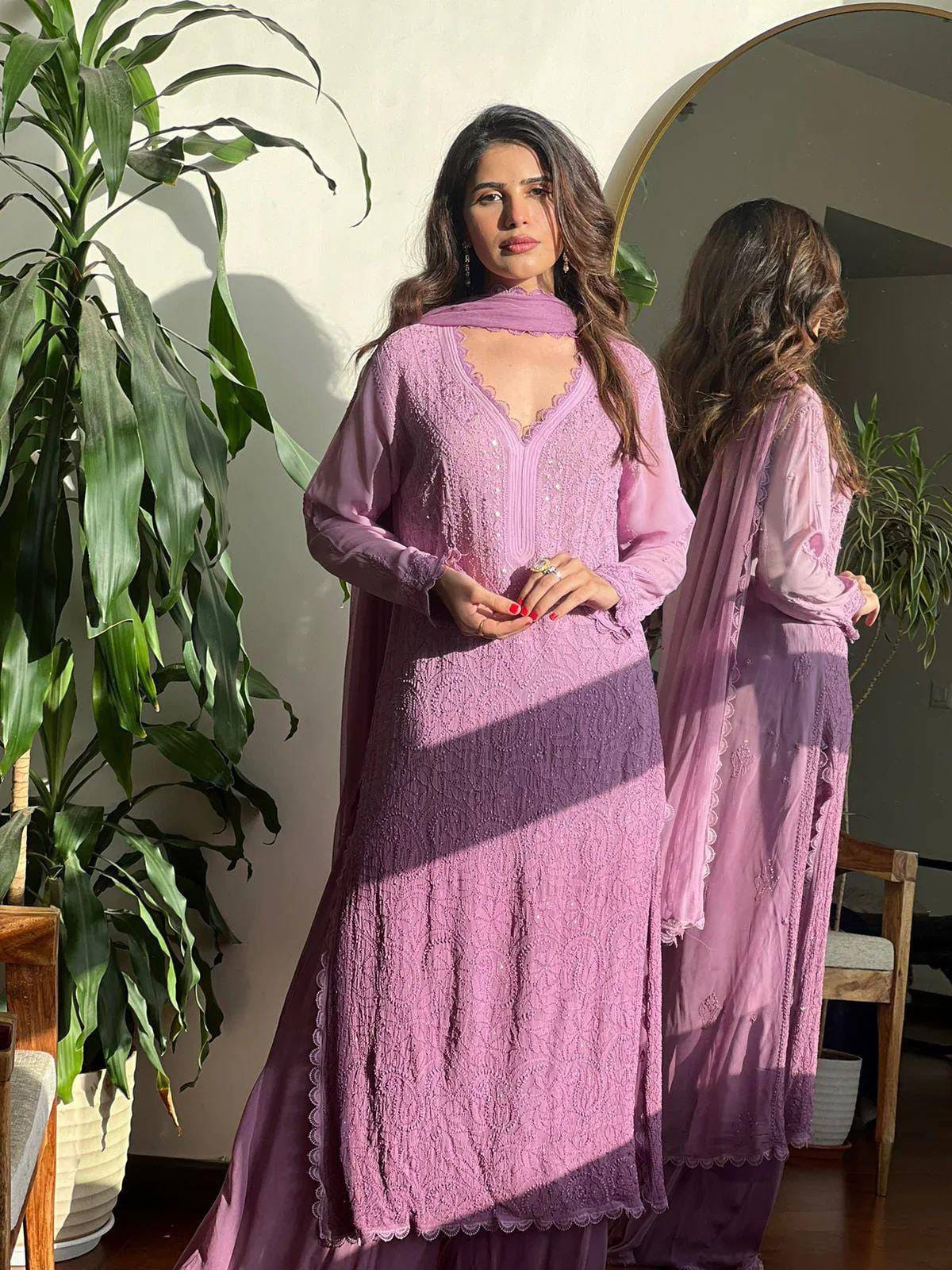 RUNNING WEAR TRENDING FAUX GEORGETTE TOP COTTON THREAD EMBROIDERED WORK AND WORK PLAZO WITH DUPATTA