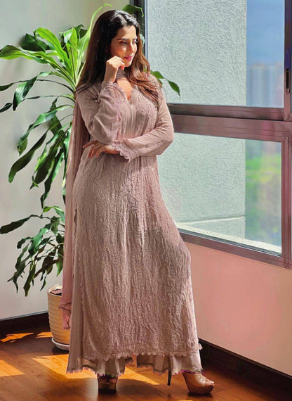 RUNNING WEAR TRENDING FAUX GEORGETTE TOP COTTON THREAD EMBROIDERED WORK AND WORK PLAZO WITH DUPATTA