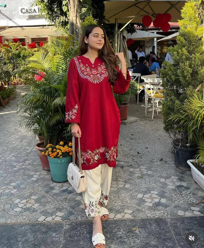 Red Embroidered Co-ord Set |