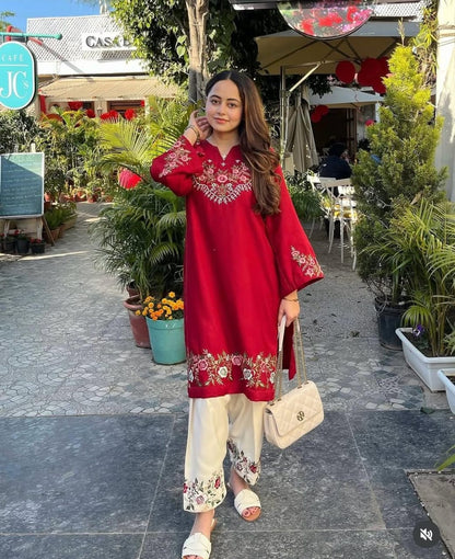 Red Embroidered Co-ord Set |