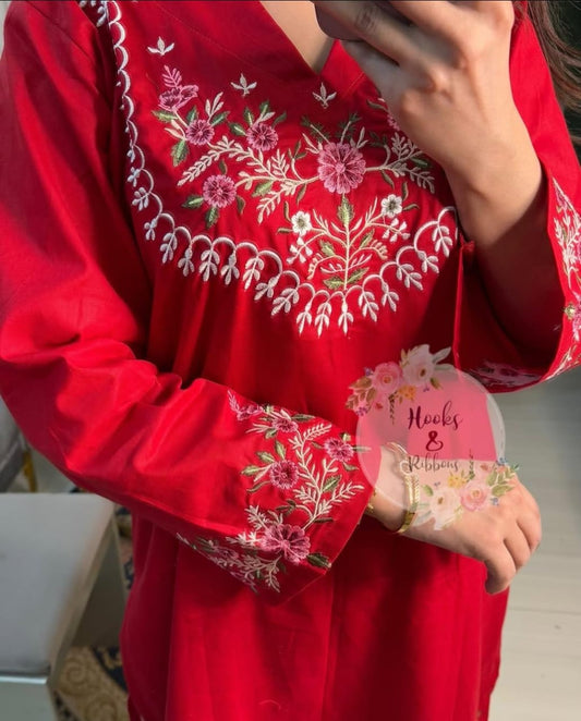 Red Embroidered Co-ord Set |