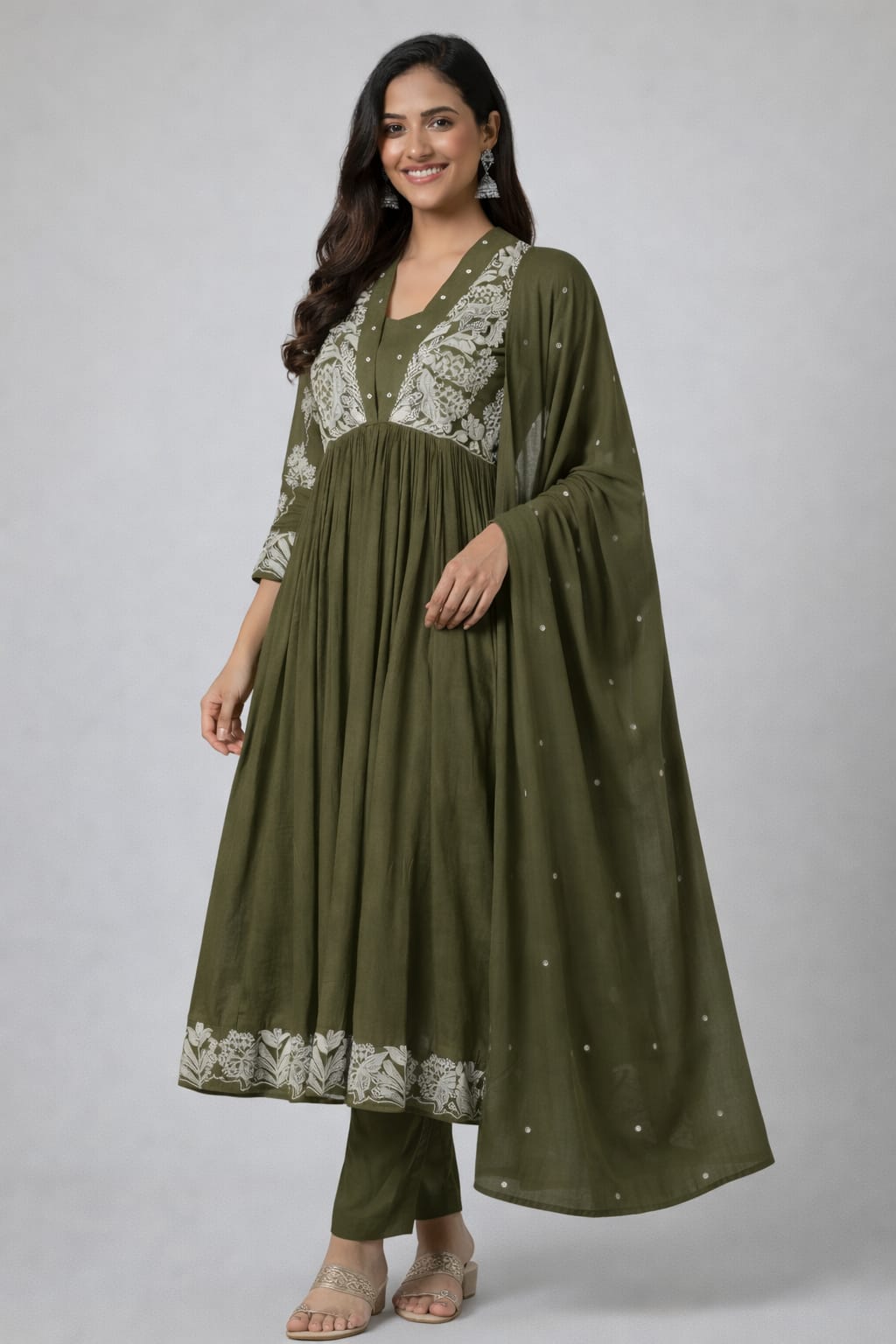 Designer Anarkali Kurta Set with Pant and Dupatta – Premium Ethnic Wear for Weddings & Festivals, Front View