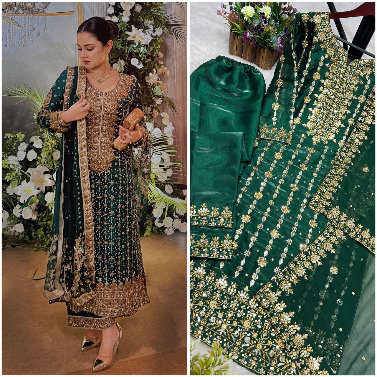 3 PIECE STYLISH KURTI,BOTTOM AND DUPATTA WITH BEAUTIFUL EMBROIDERY SEQUENCE WORK |