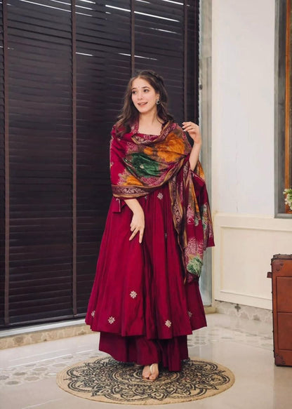 Embroidered Chinon Gown Set - Premium Designer Gown with Palazzo and Dupatta
