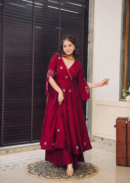 Premium Embroidered Gown Set - Chinon Silk Gown with Palazzo and Digital Print Dupatta
