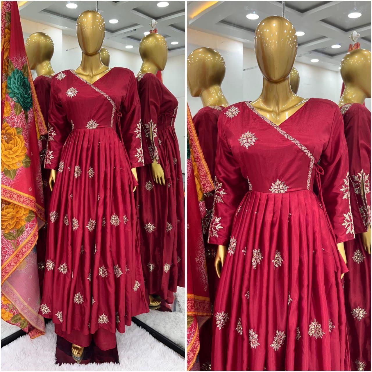 Embroidered Chinon Gown Set - Premium Designer Gown with Palazzo and Dupatta
