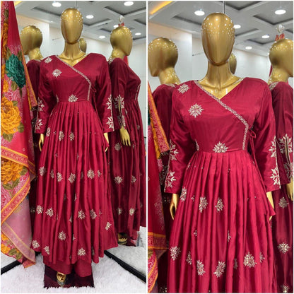 Embroidered Chinon Gown Set - Premium Designer Gown with Palazzo and Dupatta
