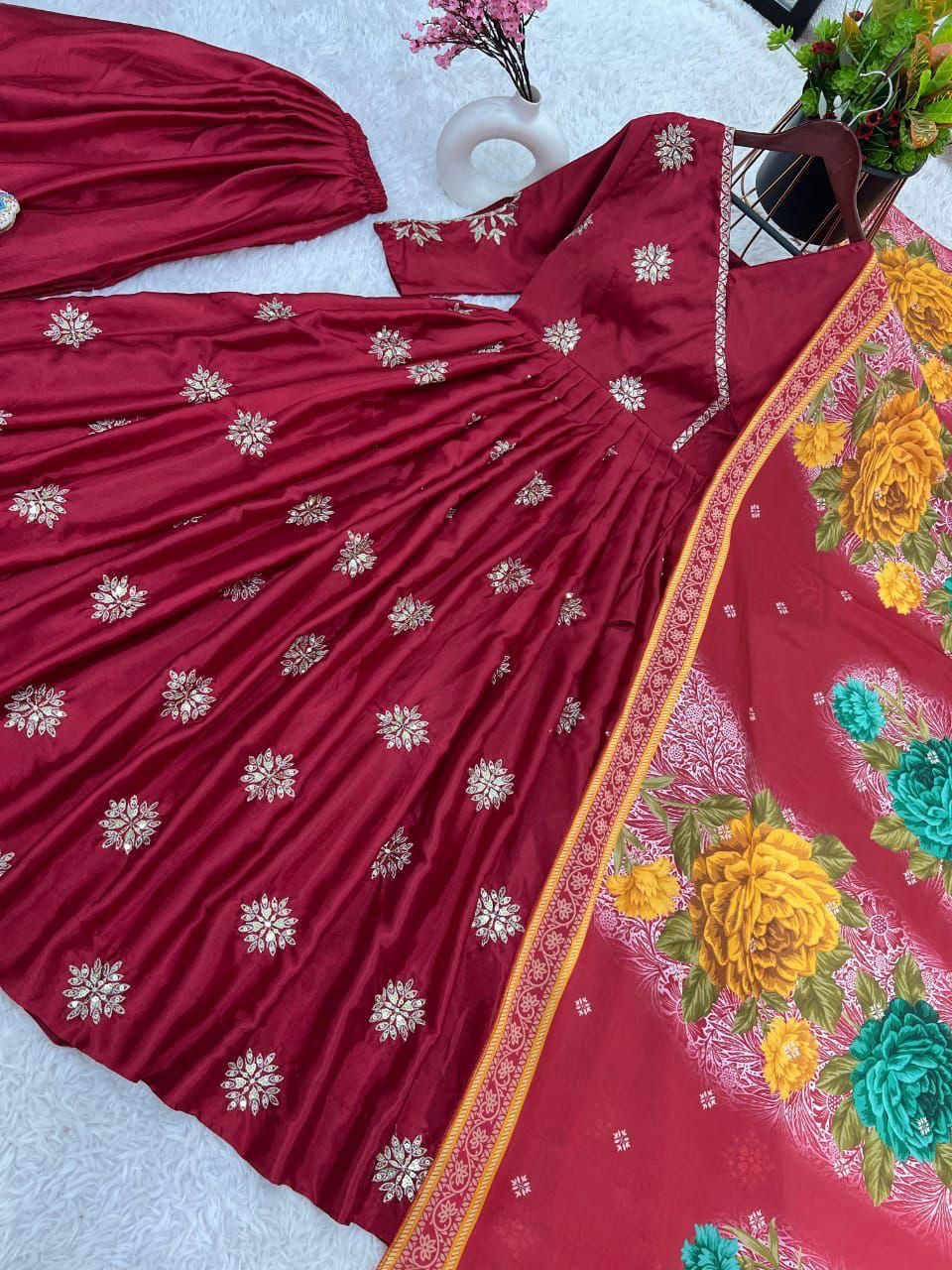 Pure Chinon Silk Gown with Embroidery Sequence Work - Designer Fully Stitched Gown and Dupatta Set
