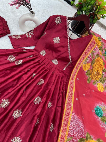 Designer Chinon Silk Gown - Fully Stitched Embroidery Work Gown Set for Women
