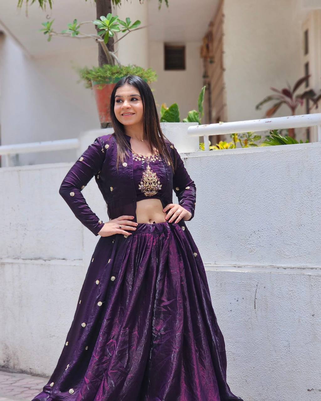 Designer Crop Top Lehenga with Shrug - Handwork Embroidered Fendey Silk Festival Wear
