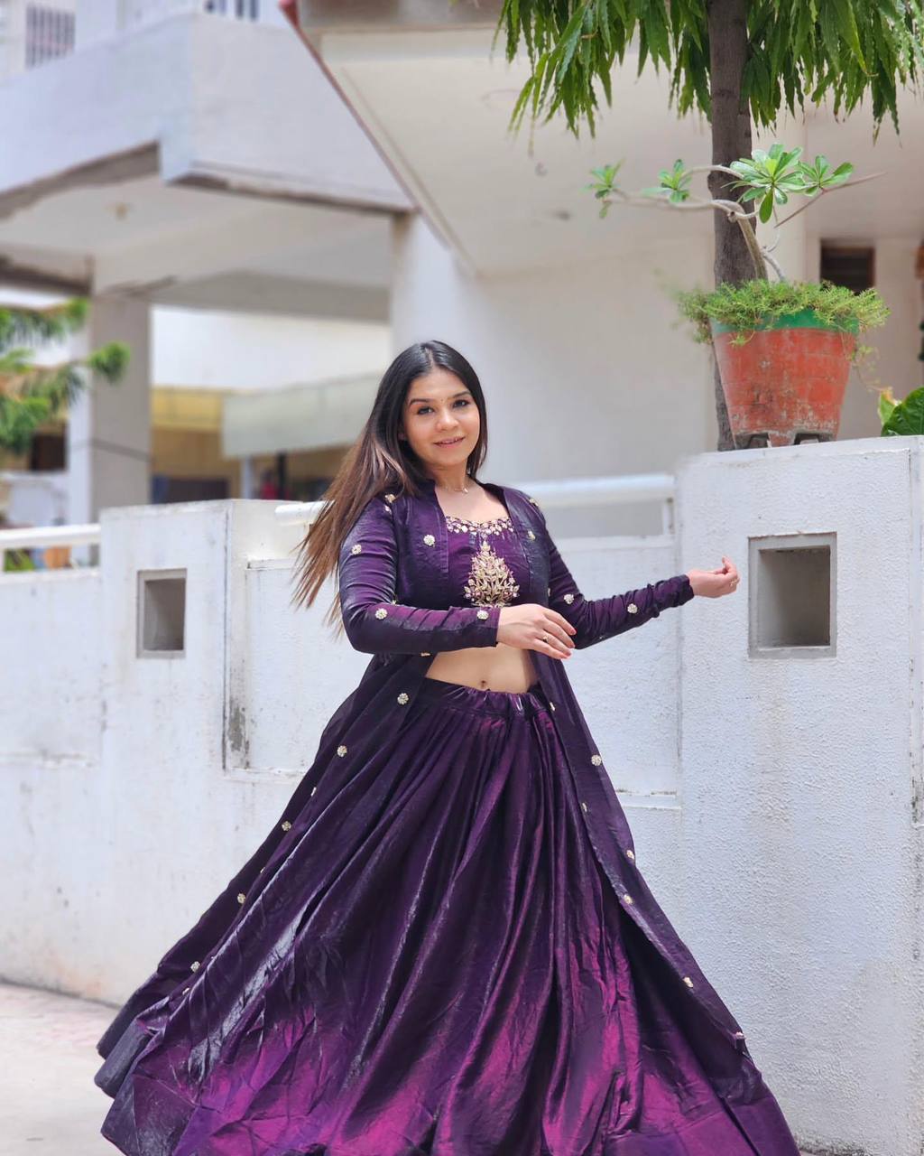 Festival Special Crop Top with Shrug - Heavy Thread Work Fendey Silk Lehenga Set
