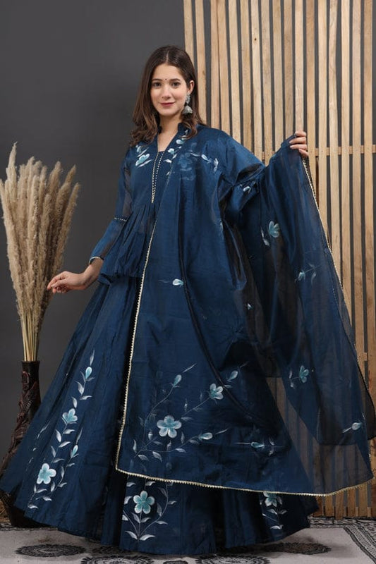Designer Hand Painted Chanderi Lehenga Choli Set - Complete Lehenga with Dupatta for Weddings and Festivals
