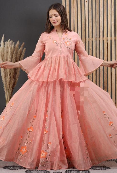 Hand Painted Chanderi Lehenga - Bell Sleeve Blouse with Frill Lehenga and Dupatta
