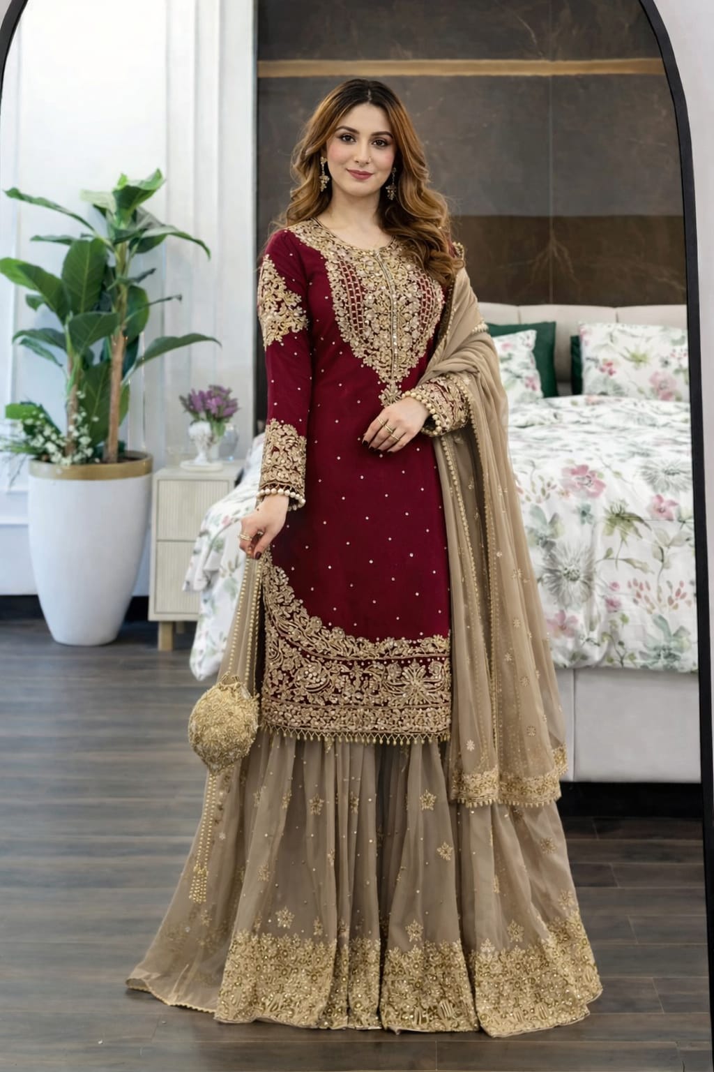Party wear gharara set with embroidered dupatta - luxury traditional outfit for women

