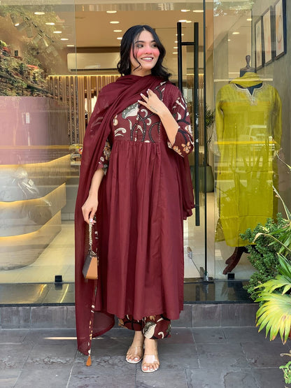  Embroidered cotton kurta pant dupatta set - designer ethnic wear for womens 