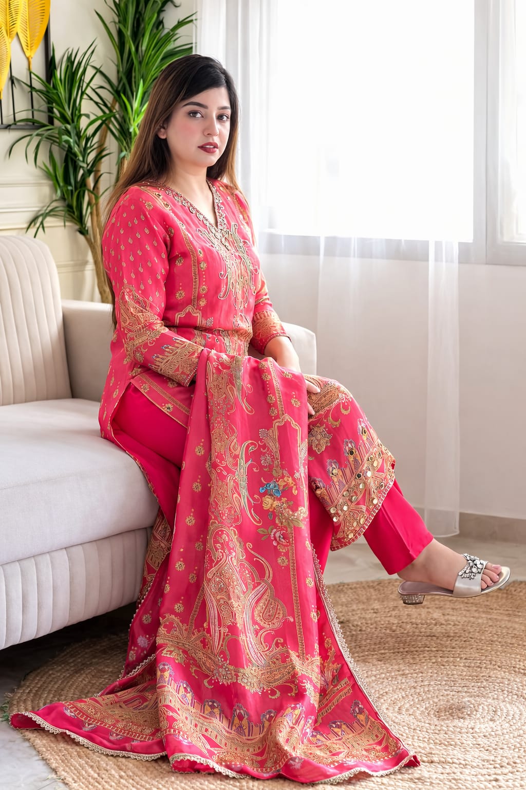 Pakistani style kurta suit with mirror work and matching dupatta - festive ethnic wear
