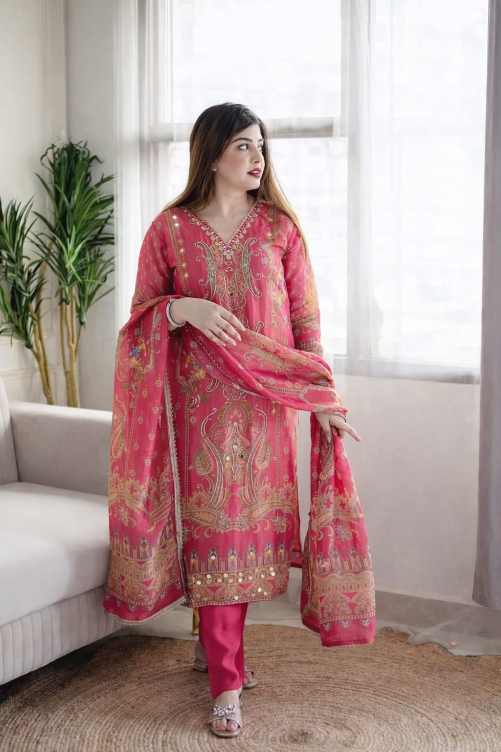 Pakistani Kurta Suit with Mirror Work & Dupatta – Side View | Muntahaa