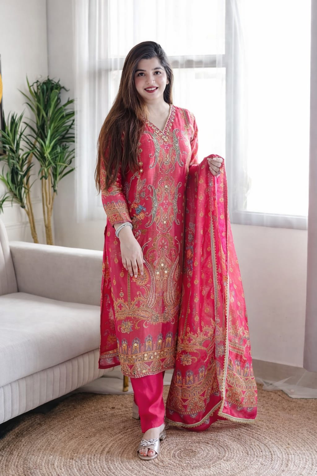 Premium Pakistani kurta suit set with mirror work embellishment and dupatta for women
