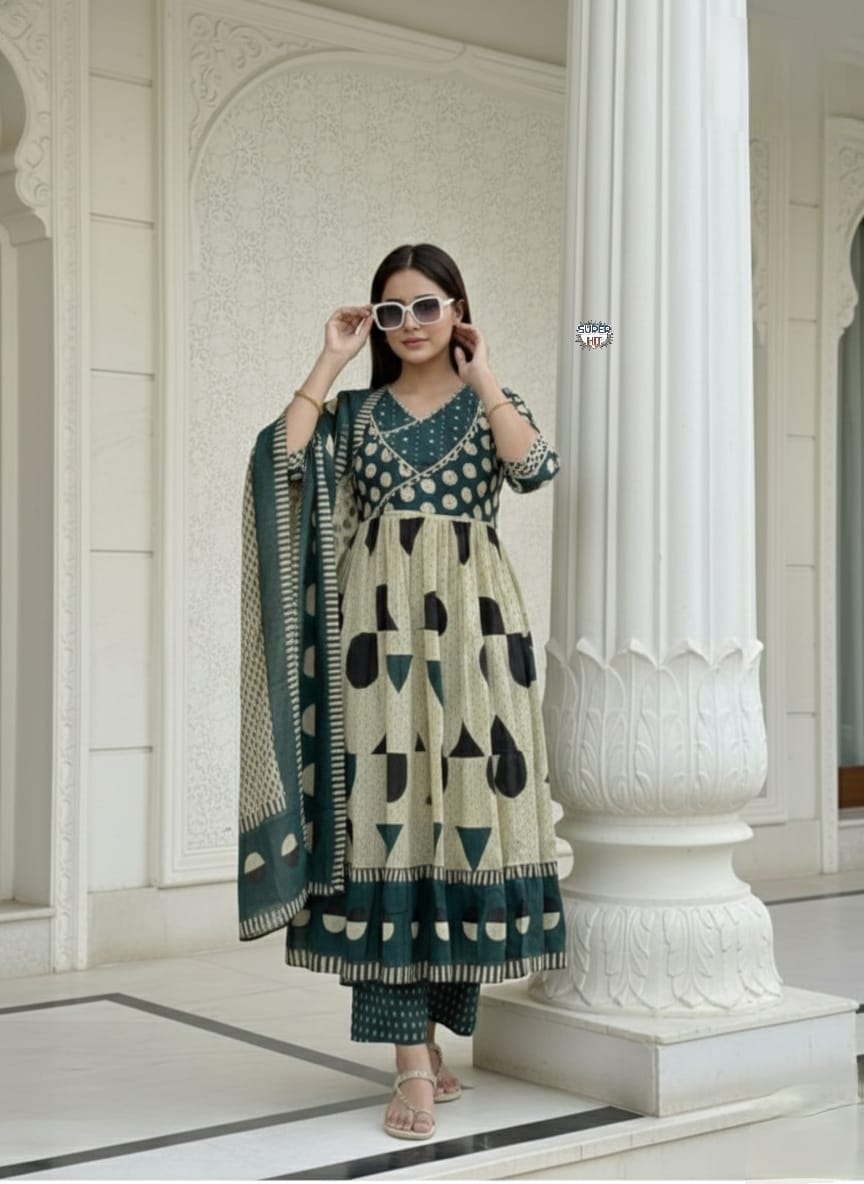 Cotton Anarkali Kurti with Palazzo and Dupatta Set – Heavy Hand Work, Festive Wear, Front View
