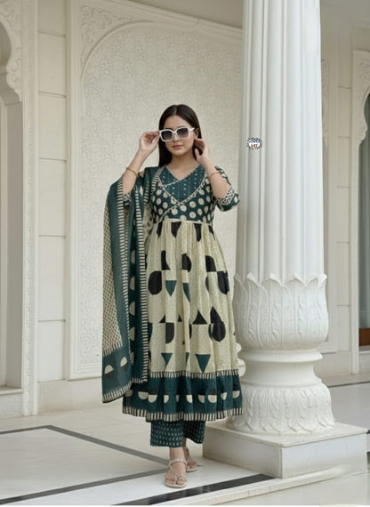 Cotton Anarkali Kurti with Palazzo and Dupatta Set – Heavy Hand Work, Festive Wear, Front View