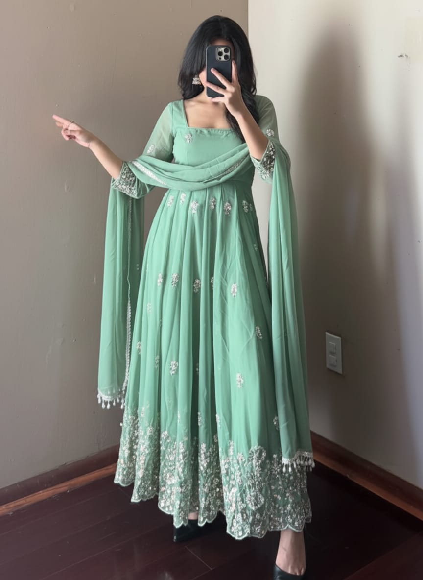 Embroidered pastel green anarkali dress with intricate work - premium ethnic outfit
