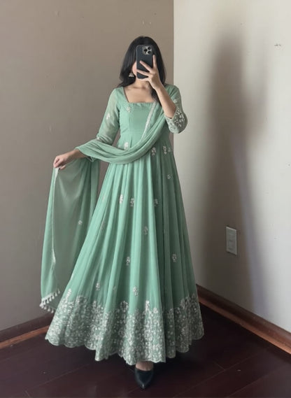 Pastel green anarkali kurta set with embroidery work and dupatta - festive wear for women
