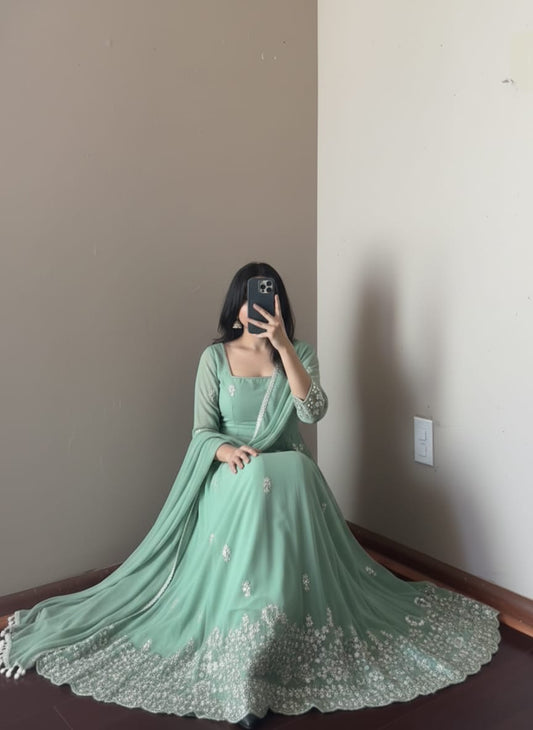 Premium green anarkali suit set with dupatta - wedding and festive occasion wear
