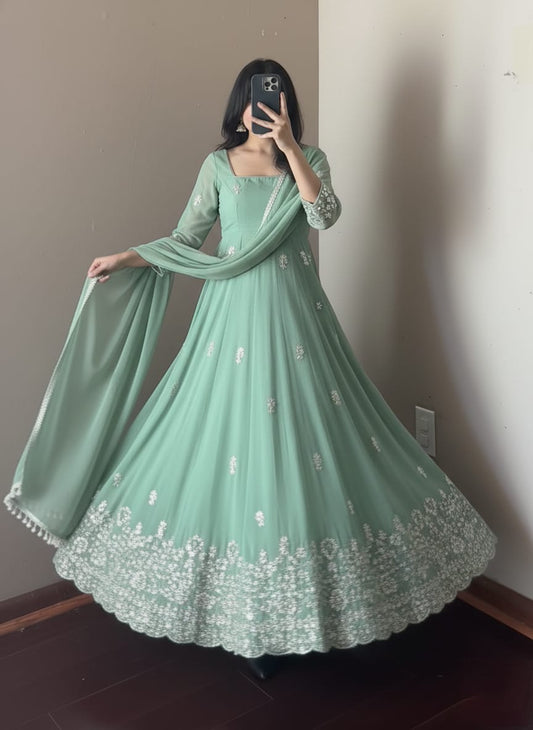 Pastel green embroidered anarkali kurta - traditional Indian ethnic dress for women

