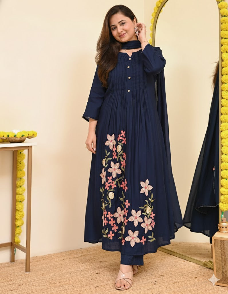 Pure cotton embroidered suit set with pintex work dupatta - traditional Indian wear
