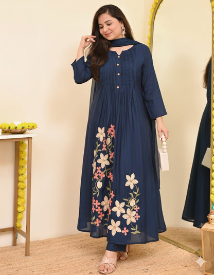 Cotton A-line kurta with matching pant and embroidered dupatta - festive ethnic outfit
