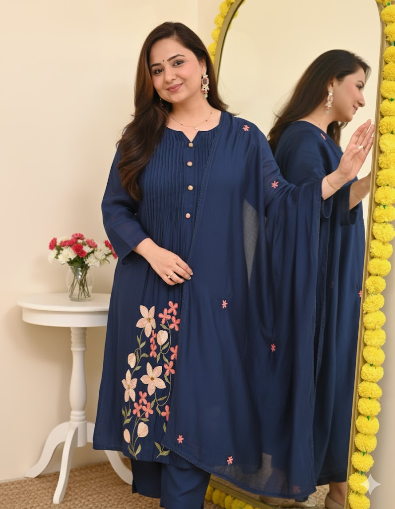 Thread embroidery work on pure cotton kurta - premium festive suit for women
