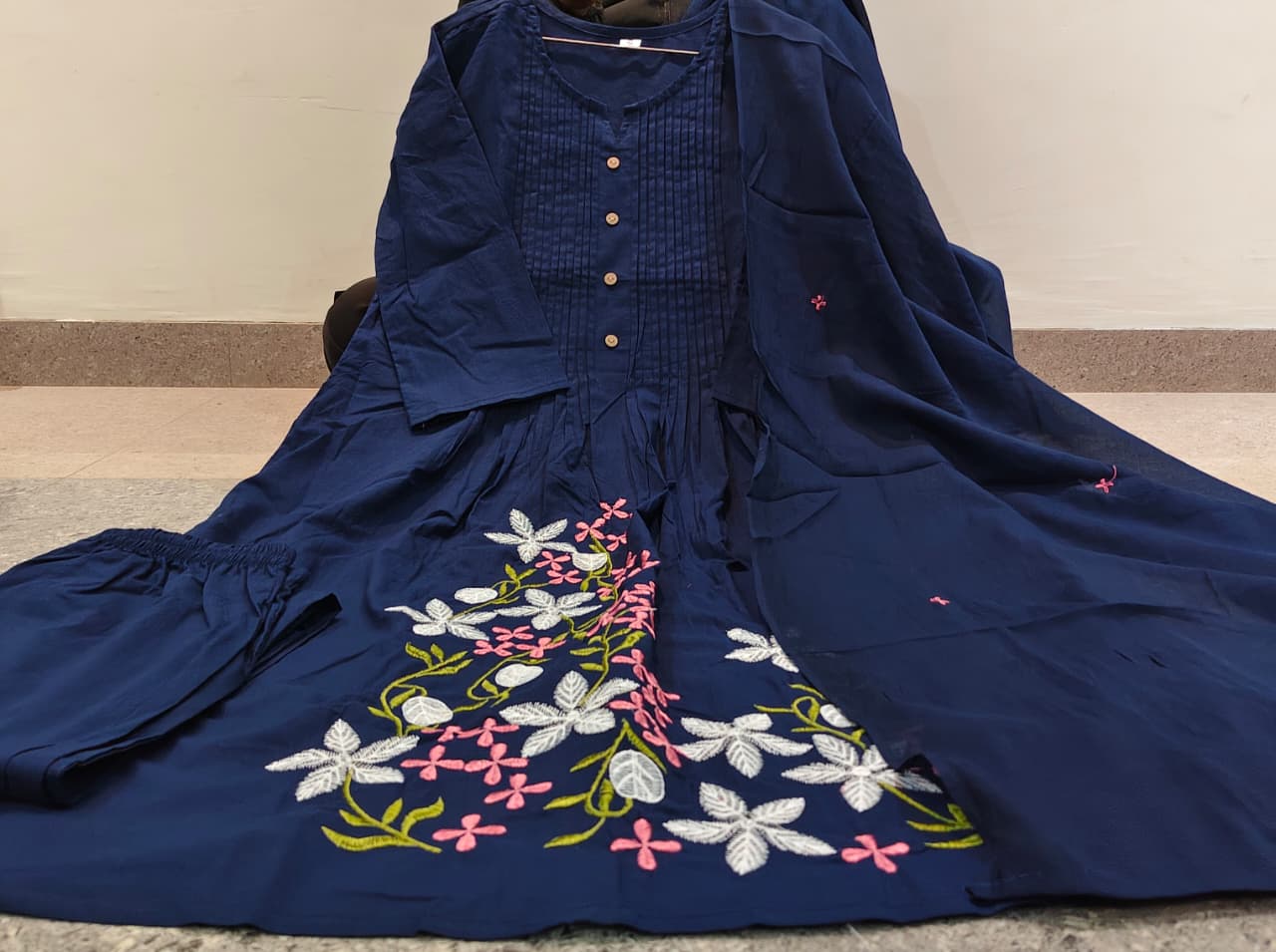 Pure cotton thread embroidery kurta suit with pant dupatta set - ethnic wear for women
