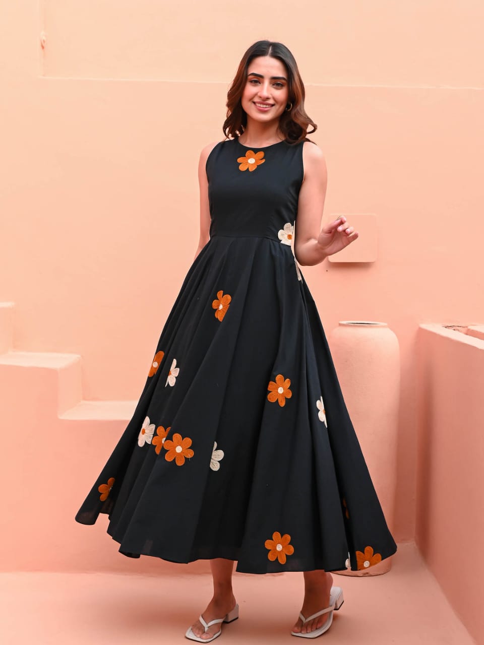 Floral embroidery detail on black casual dress - ethnic outfit for women
