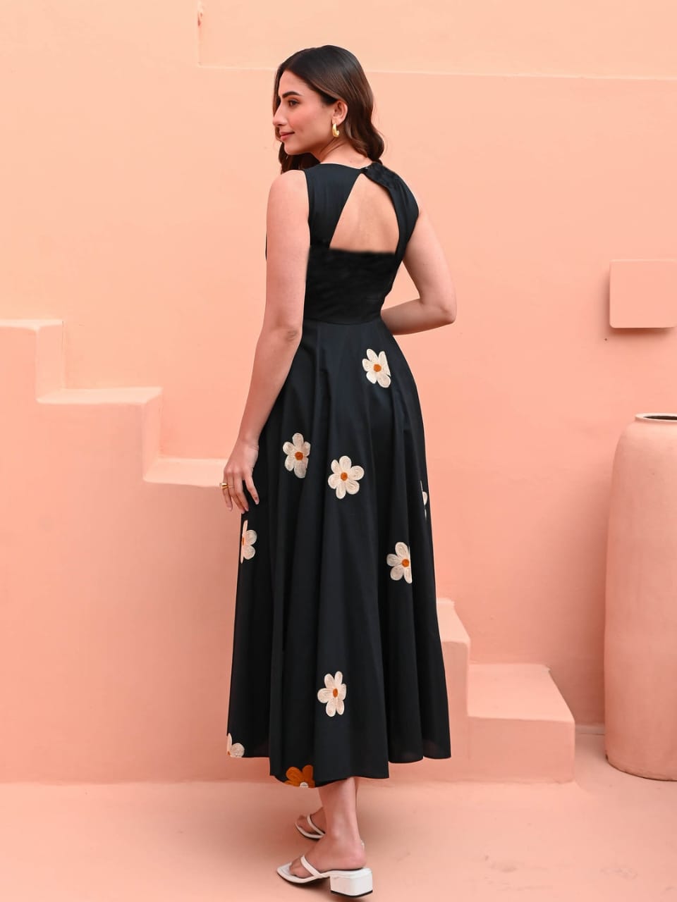 Black Floral Embroidered Cotton Dress for Women | Muntahaa