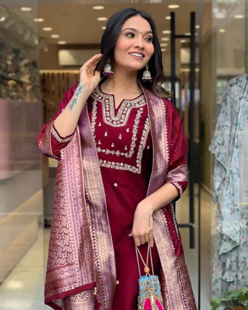 Traditional rayon kurti set with pant and embellished dupatta - festive ethnic wear
