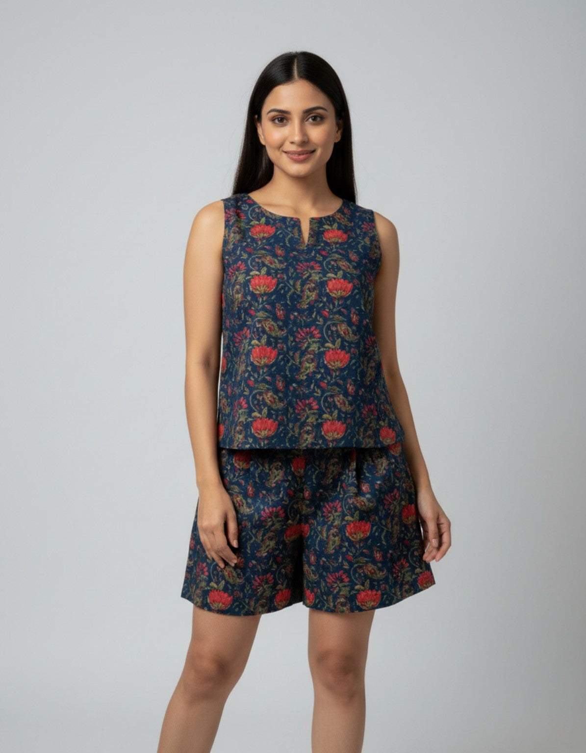  Muntahaa Midnight Blue Floral Co-ord Set – Sleeveless Top & Shorts Front View