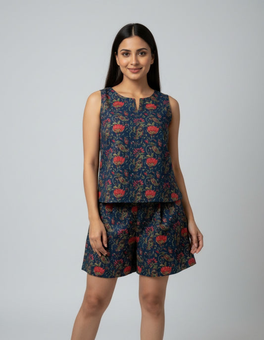  Muntahaa Midnight Blue Floral Co-ord Set – Sleeveless Top & Shorts Front View