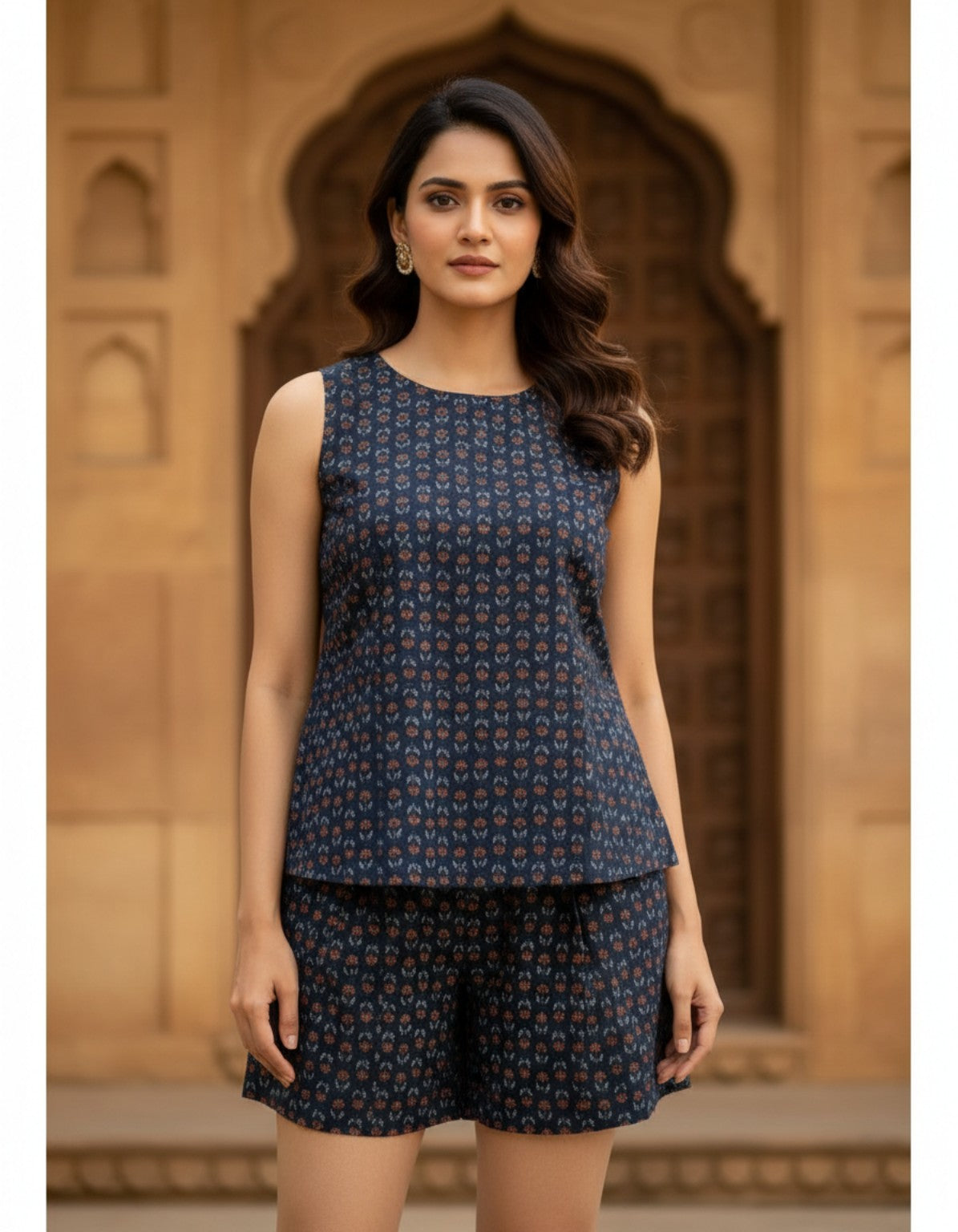 Muntahaa Indigo Co-ord Set – Ethnic Motif Sleeveless Top & Shorts Front View