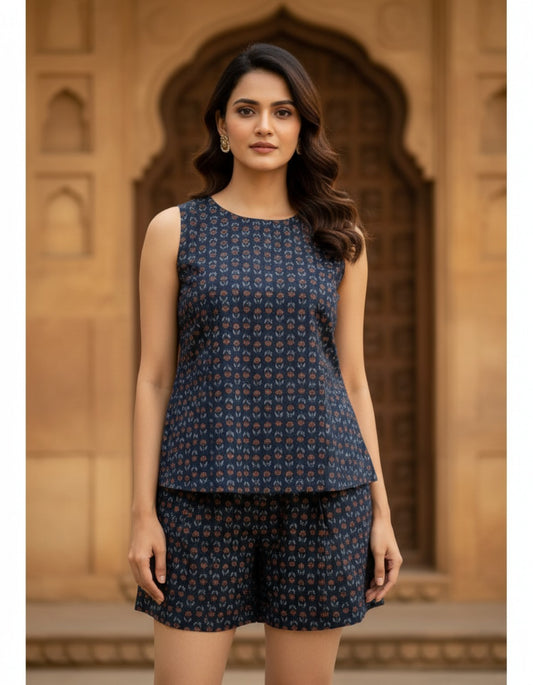 Muntahaa Indigo Co-ord Set – Ethnic Motif Sleeveless Top & Shorts Front View