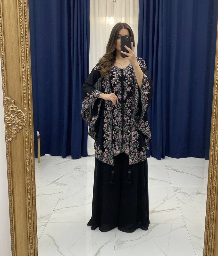 DESIGNER WEAR KURTA PLAZZO PAIR WITH SHRUGE IN SEQUENCE EMBROIDERY WORK