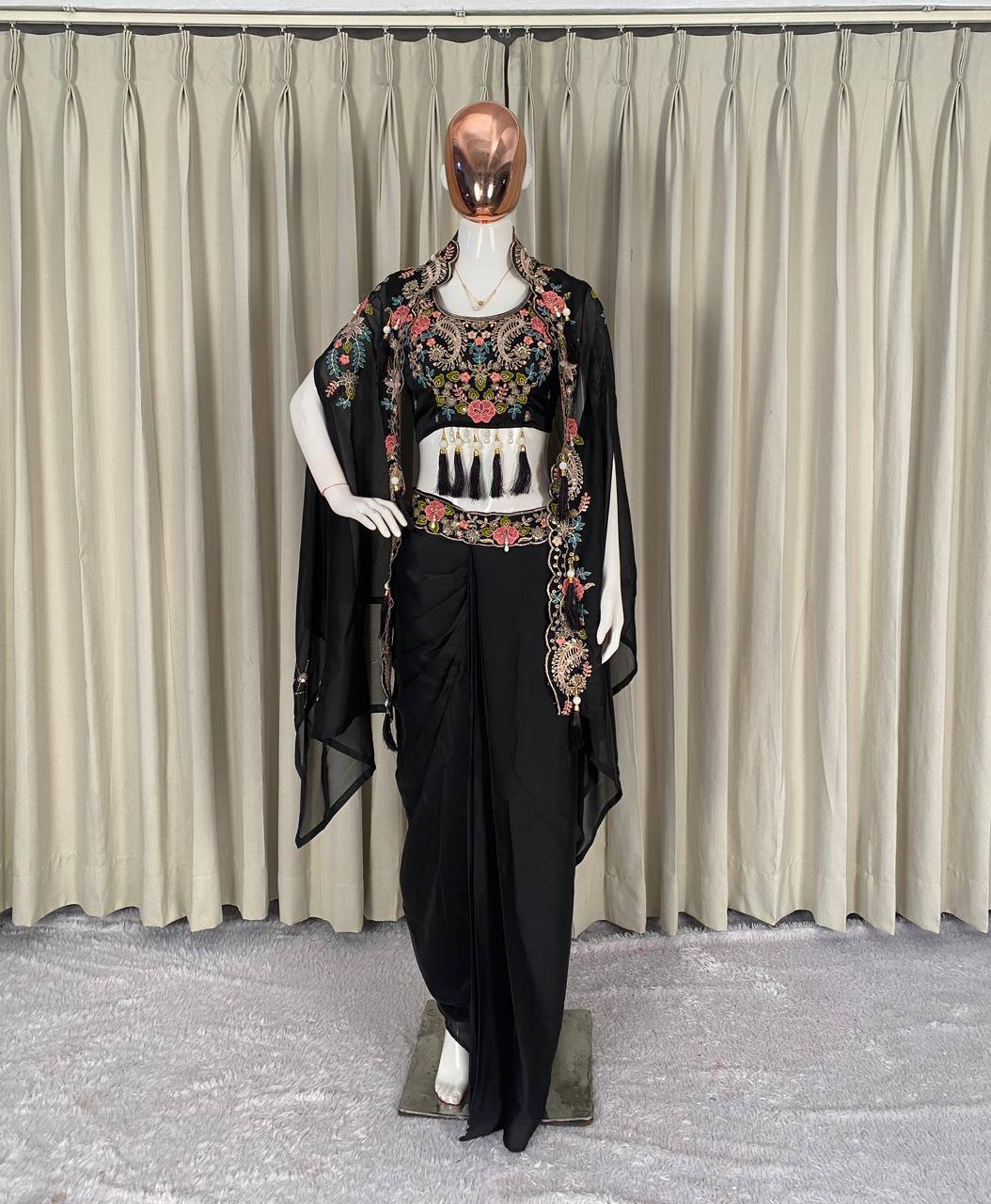 WEDDING SEASON OUR 3 PIECE INDO WESTERN SHRUG ,DHOTI AND BLOUSE WITH SEQUENCE EMBROIDERY WORK